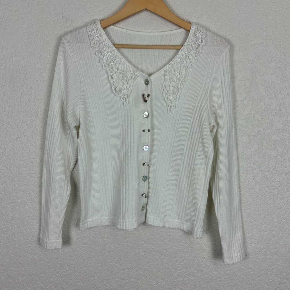 White Button-Up Top With Lace Collar‎ Womens Small Cottagecore Grandma Coquette